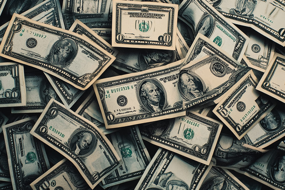 Stacks of US dollar bills scattered across a surface, symbolizing real money wins and no wagering casino bonuses at Eternal Slots.