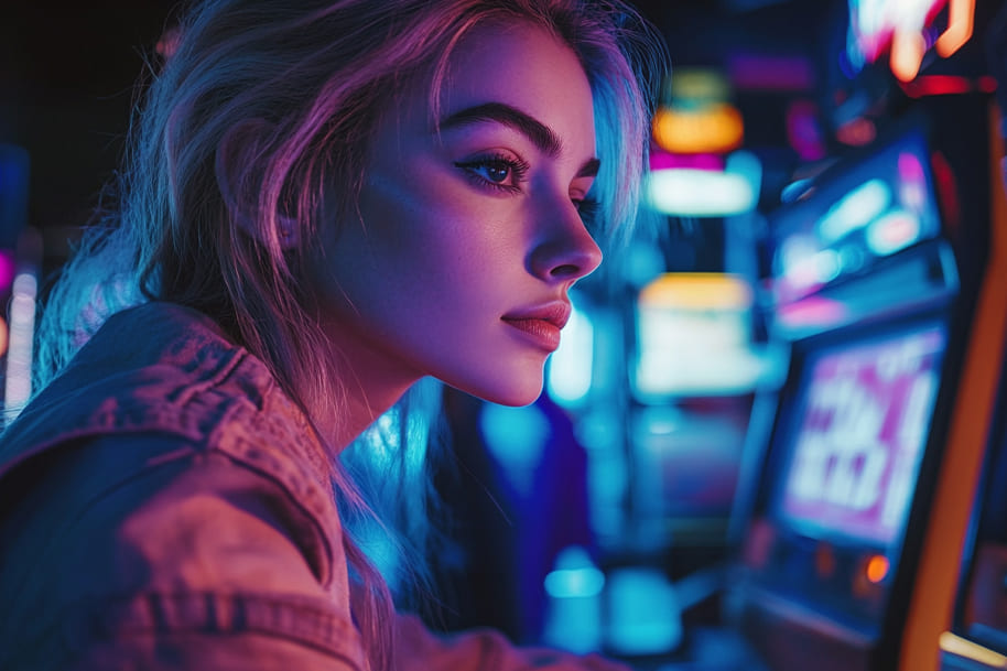 Focused young woman playing online slot machine in a neon-lit casino, representing no wagering bonuses and immersive gaming at Eternal Slots.