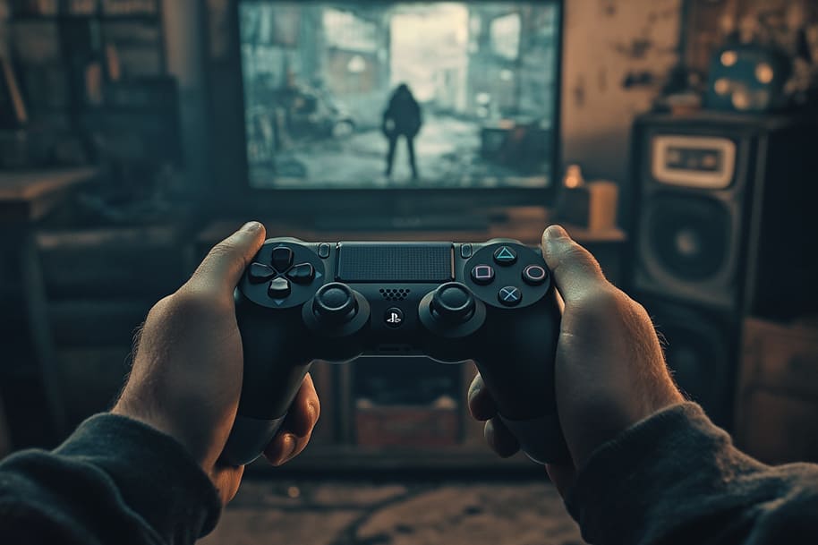 Gamer holding a PlayStation controller in a dark room, playing a spooky horror title like Phasmophobia capturing immersive paranormal investigation. The best games to play with friends.