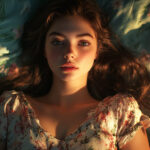Young woman lying in golden hour light on a floral pillow capturing a cinematic moment of calm, beauty, and self-reflection at the heart of romanticizing life.