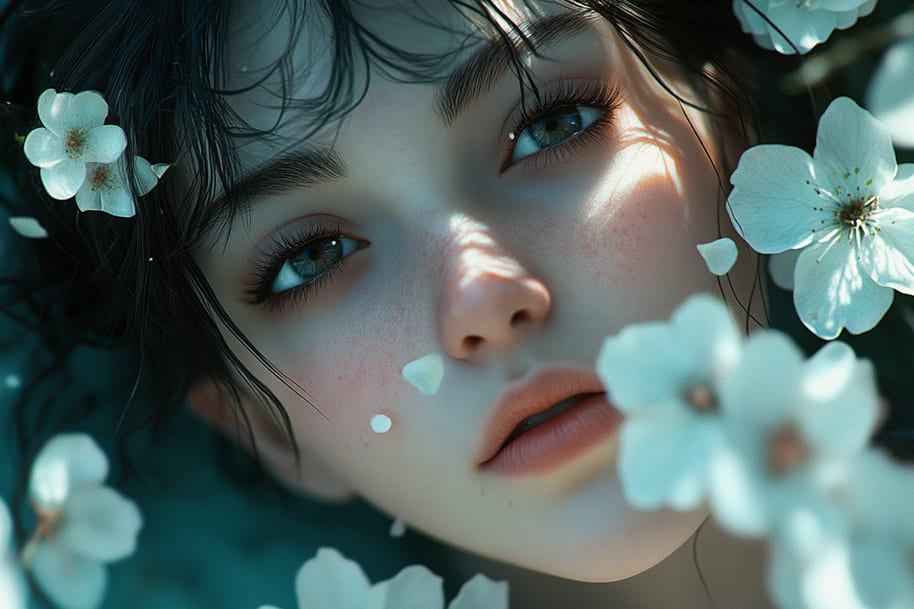 Close-up of ethereal girl surrounded by white blossoms and soft shadows symbolizing purity, introspection, and the gentle power of main character energy.