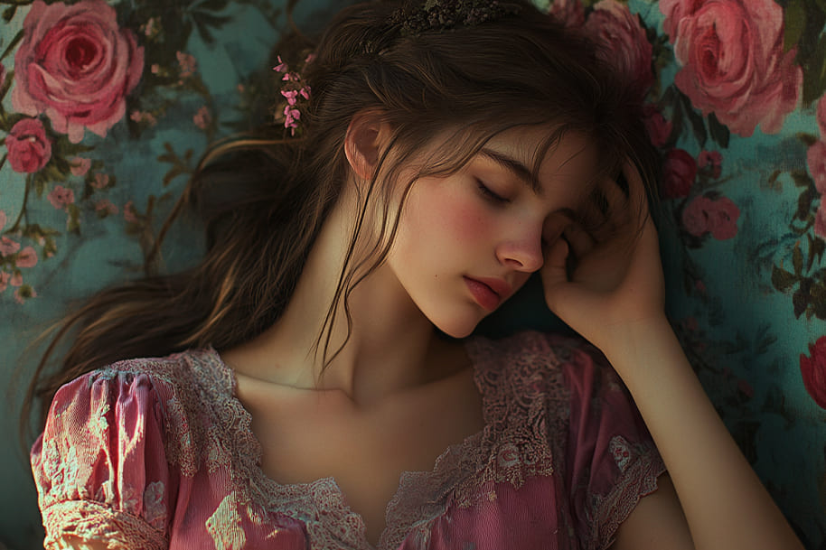 Romantic girl in a lace pink dress peacefully sleeping beside a floral rose pattern embracing soft living and the dreamy aesthetic of main character energy.