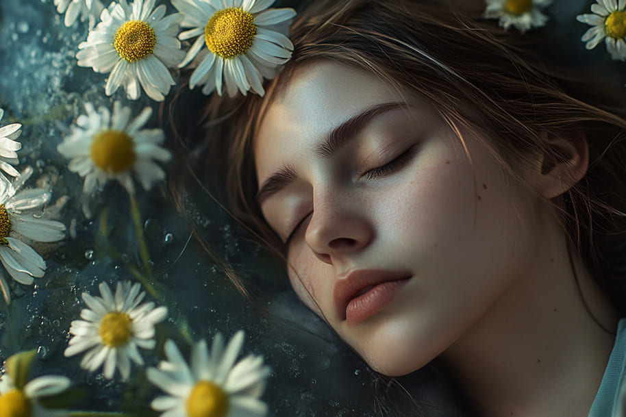 Woman sleeping peacefully outdoors at sunset, embracing natural sleep optimization techniques – part of the sleepmaxxing trend 2025