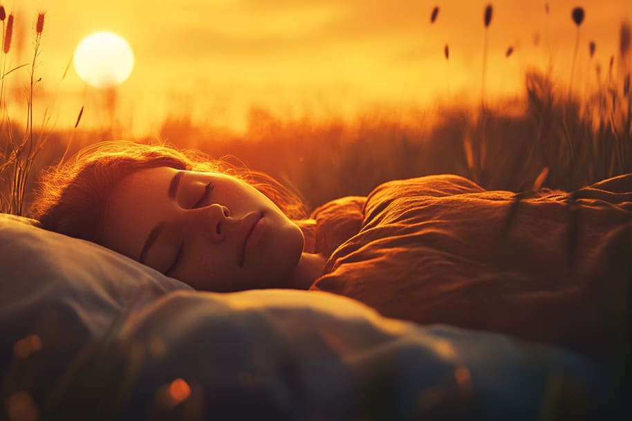 Woman sleeping peacefully outdoors at sunset, embracing natural sleep optimization techniques – part of the sleepmaxxing trend 2025