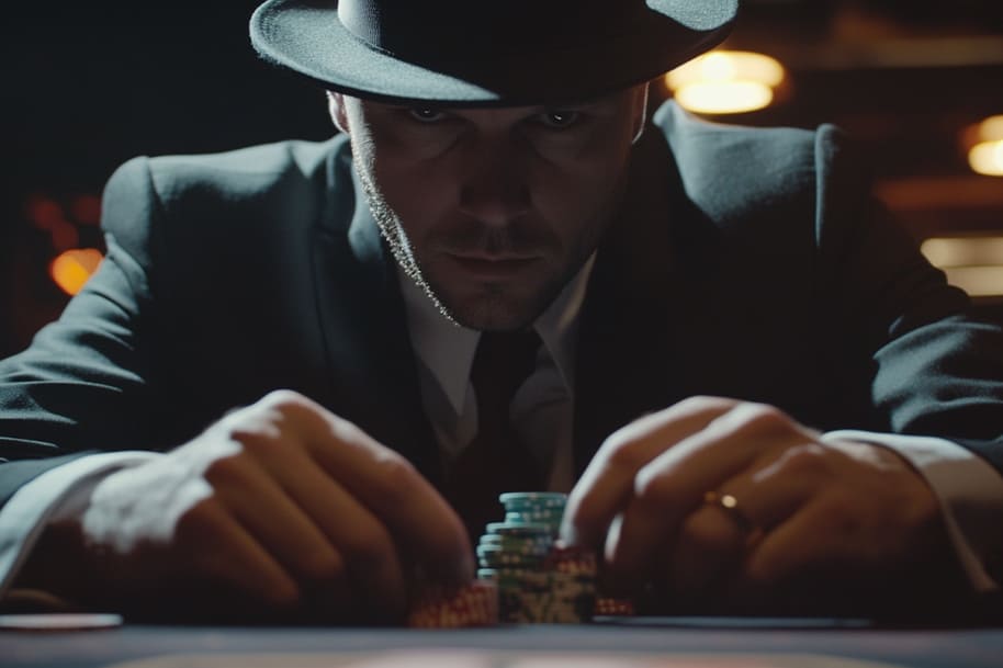 Focused man in a suit and fedora stacking poker chips at a casino table illustrating intense gambling behavior and the psychology of high-risk play.