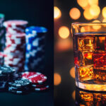 Colorful poker chips and a whiskey glass against glowing lights representing the thrill, temptation, and luxurious vibe of casino entertainment.