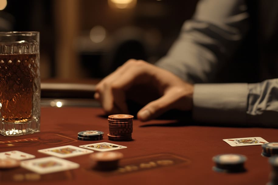 Close-up of a player’s hand, whiskey glass, and poker chips on a casino table capturing the ambiance of high-stakes gambling and casino lifestyle.