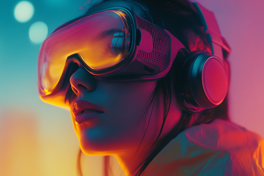 Futuristic woman wearing VR headset and headphones, representing immersive technology, AI integration, and virtual reality trends shaping the future of social media in 2025 – EternalSlots.com blog