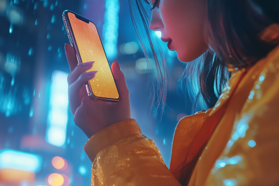 Close-up of young woman in yellow jacket using smartphone at night, representing Gen Z digital habits, mobile engagement, and future social media trends on EternalSlots.com blog