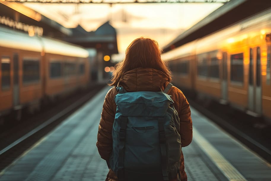 Solo traveler with a backpack standing between trains at sunrise, capturing the essence of Gen Z’s love for mindful, nostalgic experiences.