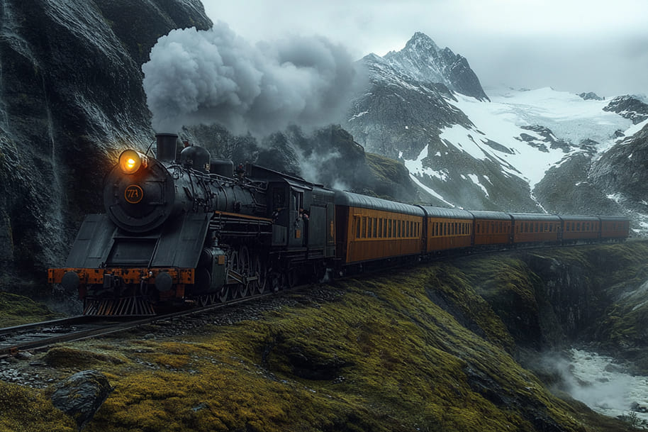 Retro steam locomotive crossing a mountain pass with snow-capped peaks, representing the allure of nostalgia in advertising and storytelling.