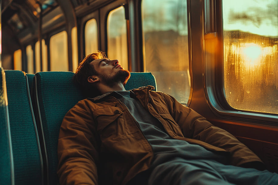 Man reclining peacefully on a train during golden hour, evoking the quiet charm of slow travel and the power of emotional branding.