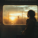 Woman on a train gazing at a golden sunset through the window, symbolizing introspection, silent travel, and emotional marketing in 2025.