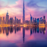 Scenic view of Dubai skyline at sunset with Burj Khalifa and colorful reflections a luxurious and modern destination for remote work in 2025