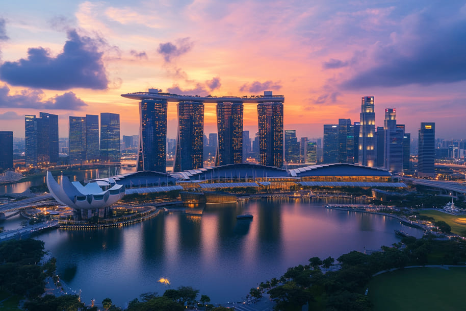 Stunning view of Singapore’s Marina Bay Sands and skyline at dusk one of the best cities to live and work remotely with high-tech infrastructure