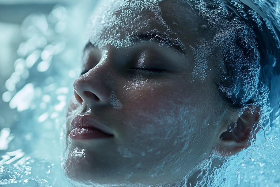 Close-up of woman’s face immersed in bubbling water, highlighting the rise of sensory isolation and ice bath therapy in modern wellness.