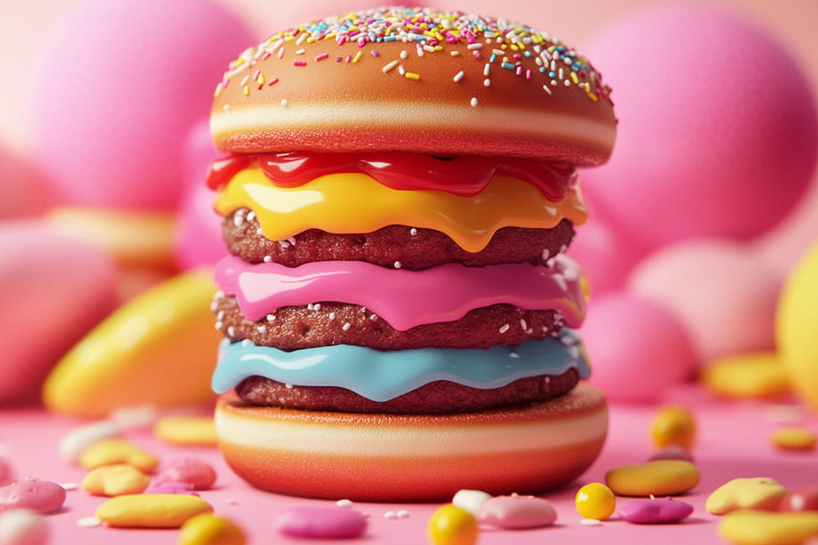 Colorful candy burger with rainbow frosting layers and sprinkles—representing fun and playful food trends in 2025 on EternalSlots.com blog