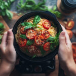 Hands holding a bowl of TikTok-inspired cherry tomato and basil spaghetti, one of 2025’s trending viral recipes in the food ideas blog.