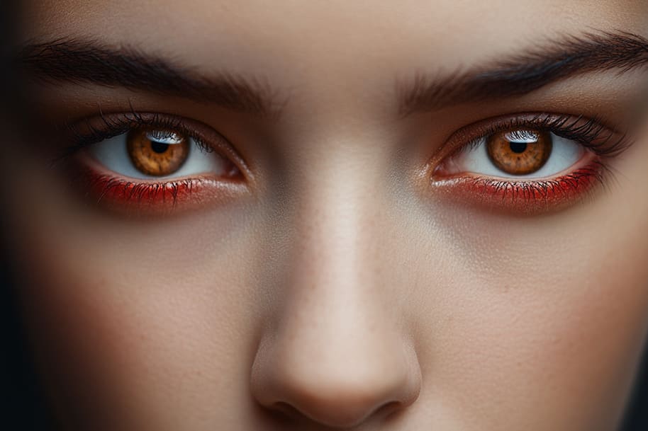 Close-up of intense eyes with bold red under-eye makeup capturing fierce focus, self-awareness, and emotional clarity through direct gaze.