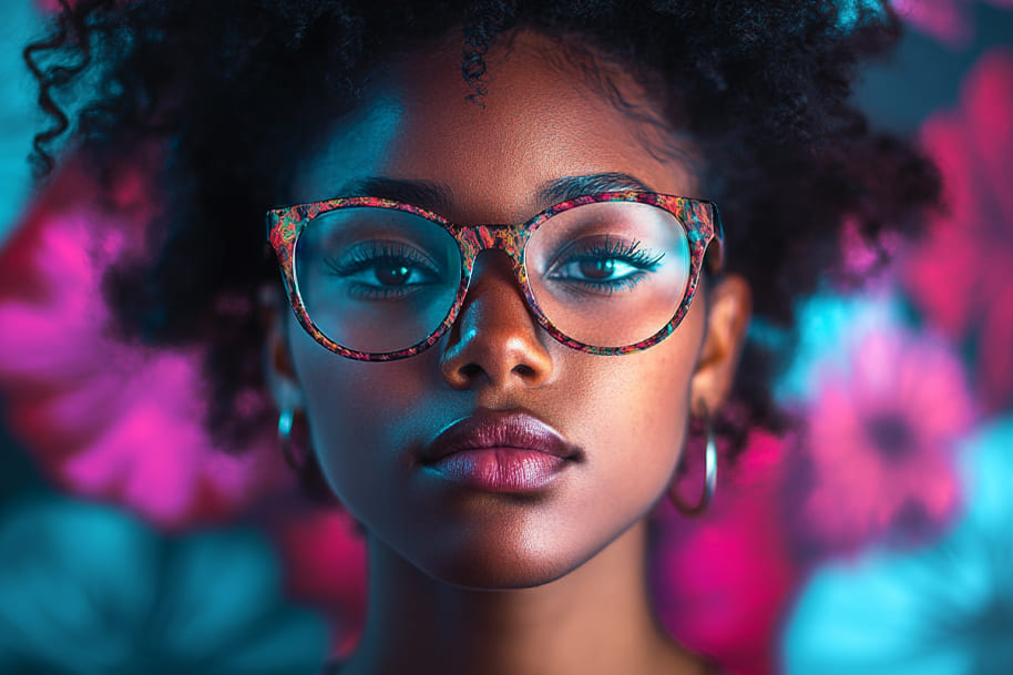 Stylish woman with natural curls and colorful glasses standing confidently embracing individuality, boldness, and authentic self-expression.