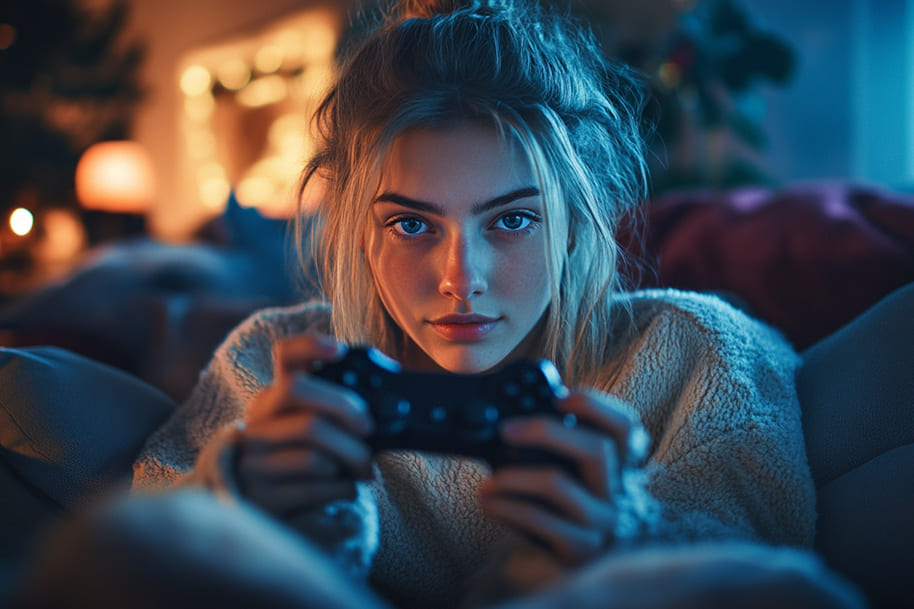 Young woman enjoying cozy gaming at home with a controller, representing the wholesome gaming trend and low-stress games of 2025.