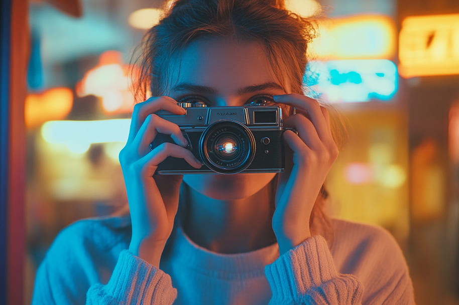 Young woman holding a vintage film camera with neon lights in the background, symbolizing retro aesthetics and nostalgia marketing in 2025.