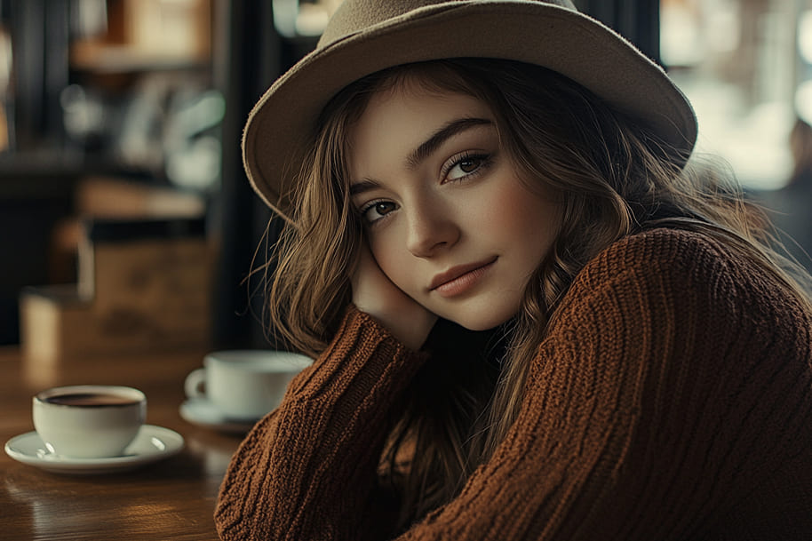 Stylish young woman in cozy vintage attire sitting at a coffee shop, capturing the emotional warmth of nostalgia marketing and Gen Z trends.