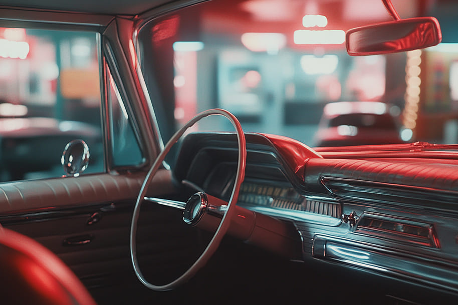 Interior of a classic retro car with neon reflections, representing vintage branding and consumer behavior influenced by nostalgia.