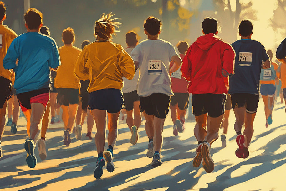 Group of marathon runners in colorful gear from behind, capturing the inclusive energy and mass appeal of modern running events.