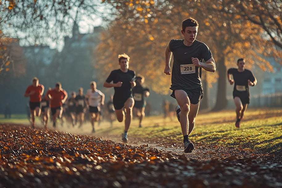 Competitive male runners in an autumn park marathon, highlighting endurance, athleticism, and why fitness communities thrive today.