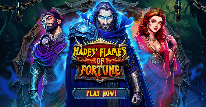 Hades’ Flames of Fortune game promo banner with characters and “Play Now!” button – Spin in the underworld for big wins