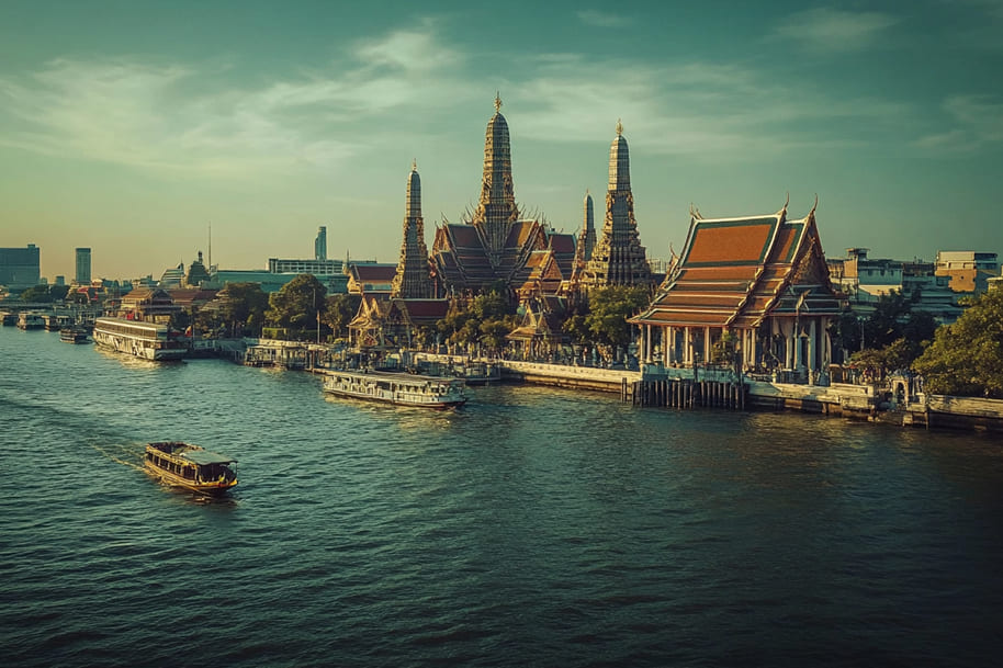 Scenic view of Wat Arun temple by the Chao Phraya River in Bangkok, Thailand – Top travel destination in Southeast Asia
