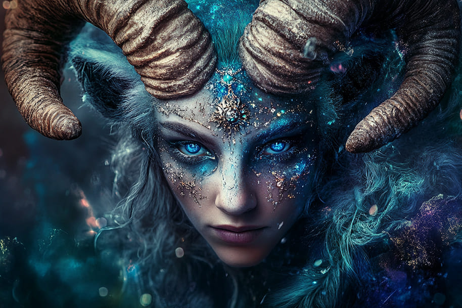 Fantasy representation of Capricorn zodiac sign with glowing blue eyes and horns – astrology-themed visual for best casino games by star sign on EternalSlots.