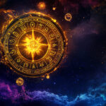 Zodiac wheel glowing in space with astrological symbols – astrology and casino games concept for best RTG slot games by zodiac sign on EternalSlots blog.