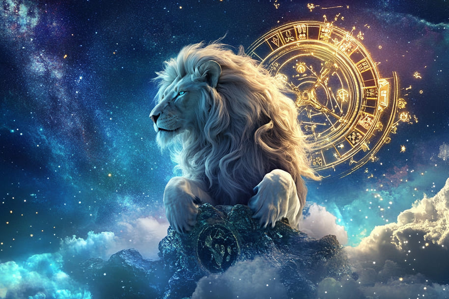 Majestic lion symbolizing Leo zodiac sign with glowing zodiac wheel in space – astrology and casino games theme for EternalSlots blog.