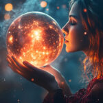 February horoscope 2026 showing a woman holding a glowing crystal ball that represents destiny and intuition.