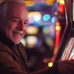 Smiling older man playing slot machine in a casino – best Father’s Day casino bonuses 2025