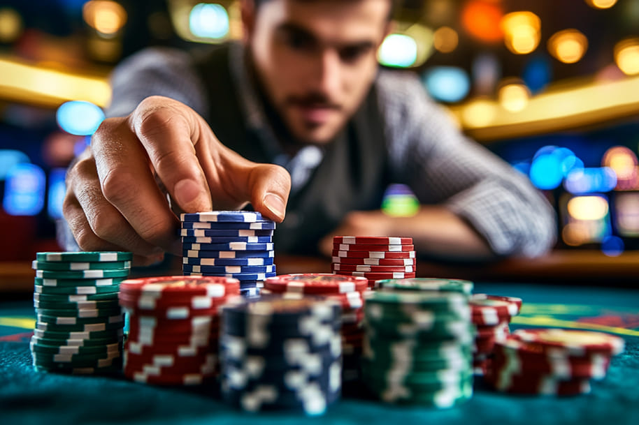 Man stacking poker chips at casino table – Father’s Day casino bonus offers 2025