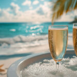 Bubbly champagne glasses in a beachfront jacuzzi with palm trees – Tropical luxury escape by the sea