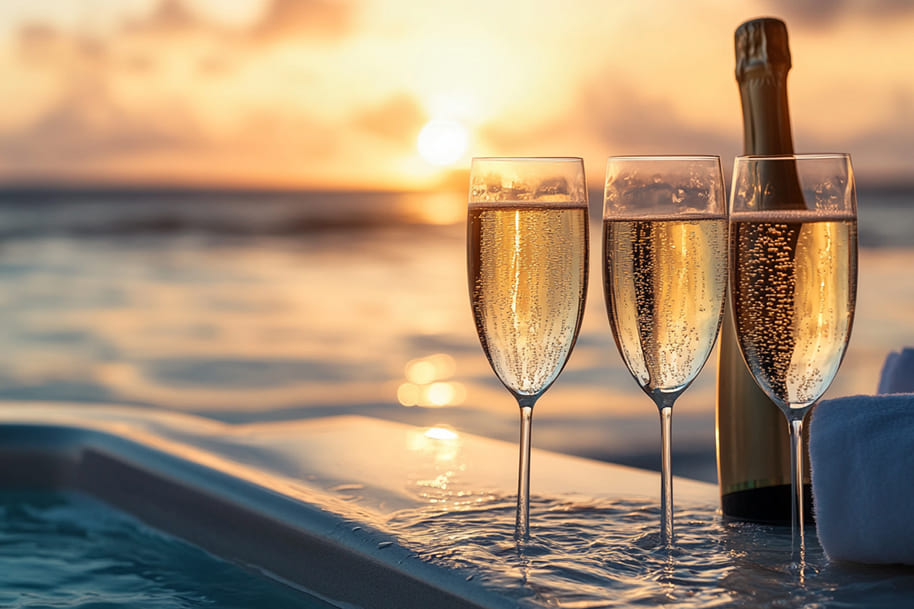 Three champagne glasses and bottle beside a hot tub during golden hour – Sunset luxury on a beachside escape