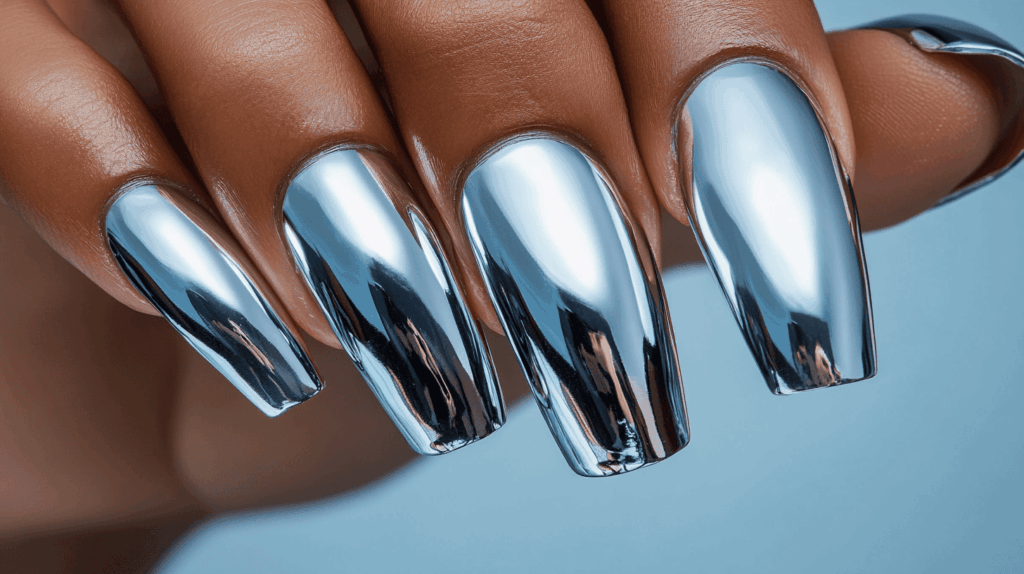 A close-up of long nails with an ultra-reflective chrome finish on deep brown skin.