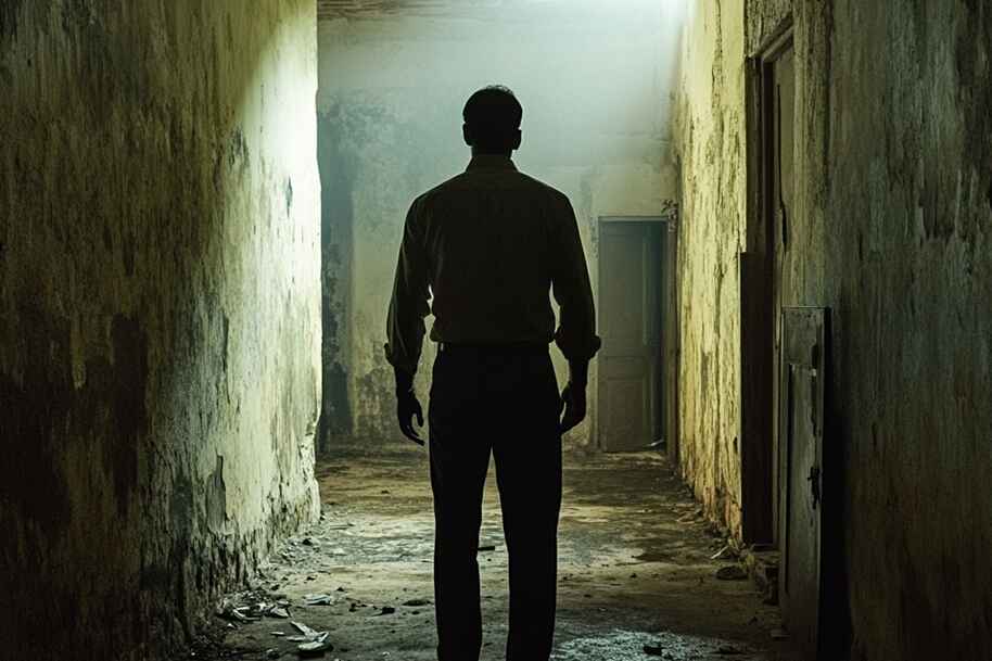 Man standing at the end of a decaying corridor under beam of light – Cinematic shot from Psych horror in Indian film