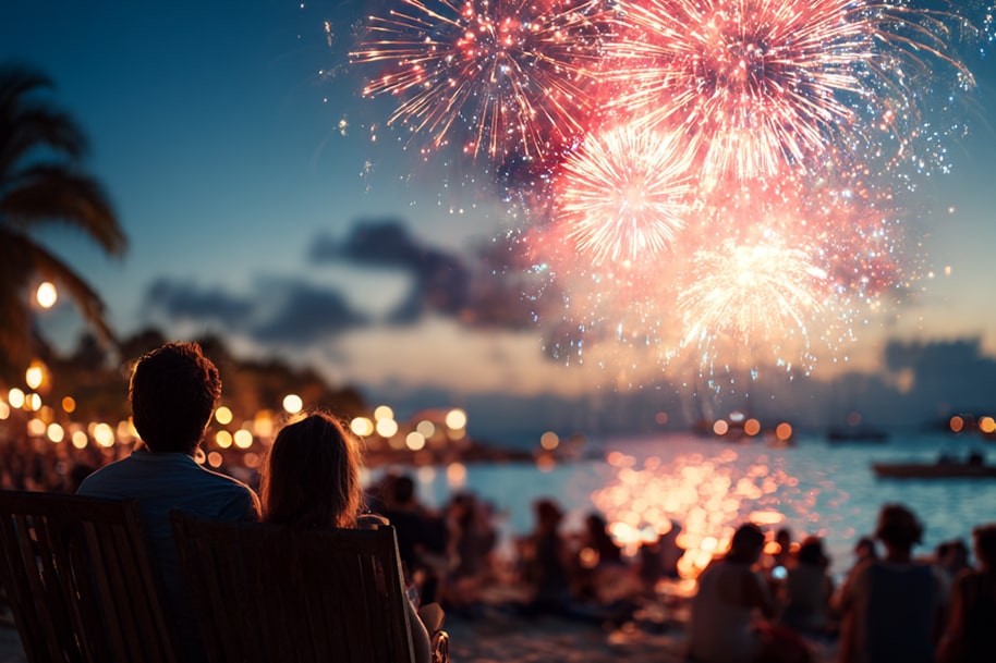 Couple watching 4th of July fireworks on the beach during Independence Day vacation – festive summer celebration featured by Eternal Slots Casino