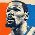 Pop art-style portrait of NBA player Kevin Durant symbolizing his career milestones and recent trade to the Houston Rockets in 2025