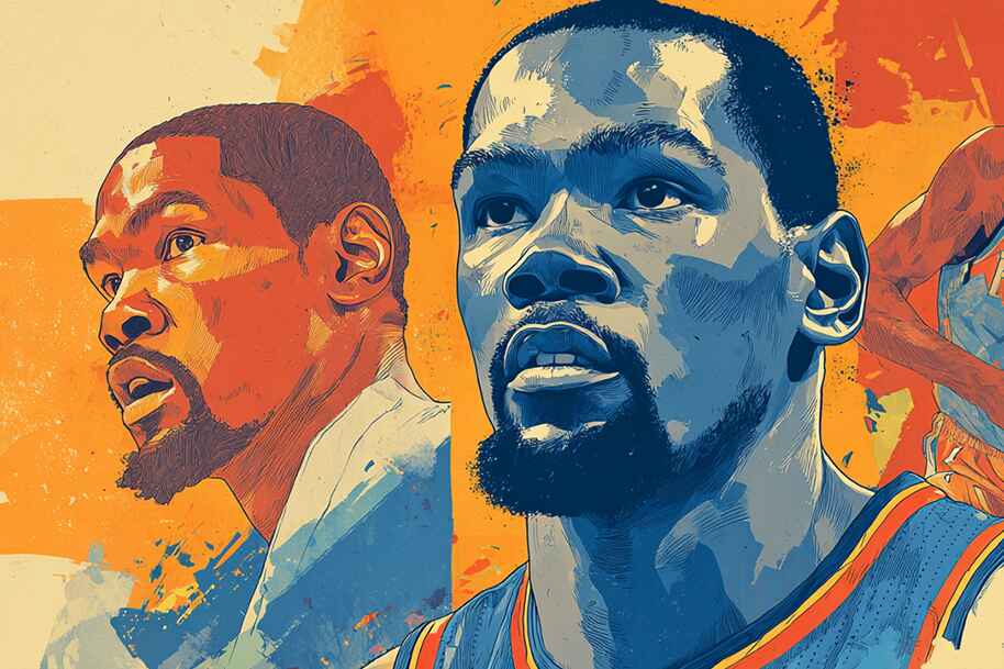 Kevin Durant portrait in vibrant pop-art style, showcasing his NBA journey and career highlights with Oklahoma City Thunder