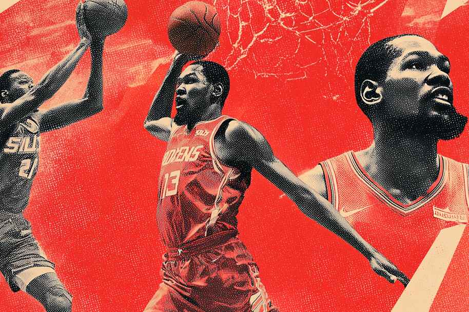Kevin Durant in Suns and Rockets jerseys showcasing career highlights and the 2025 trade to Houston Rockets.
