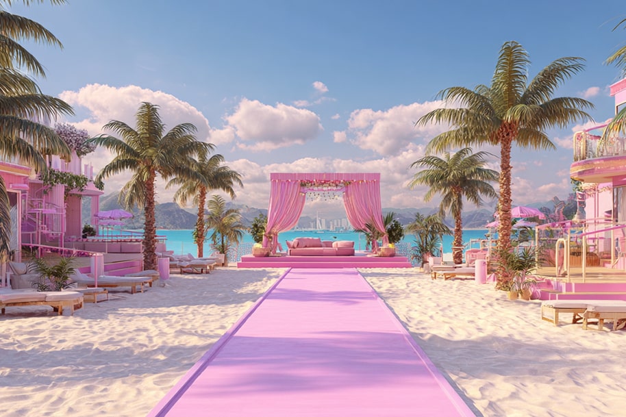 Love Island USA 2025 villa setting with pink beach cabana and tropical décor – featured on EternalSlots.com blog about Season 7 location and atmosphere
