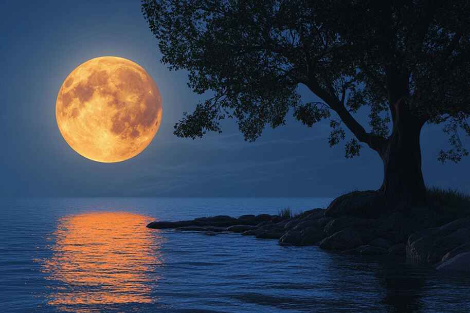 Golden Full Strawberry Moon reflecting over a serene lake, framed by a silhouetted tree, capturing the mystical and spiritual energy of June's Full Moon.