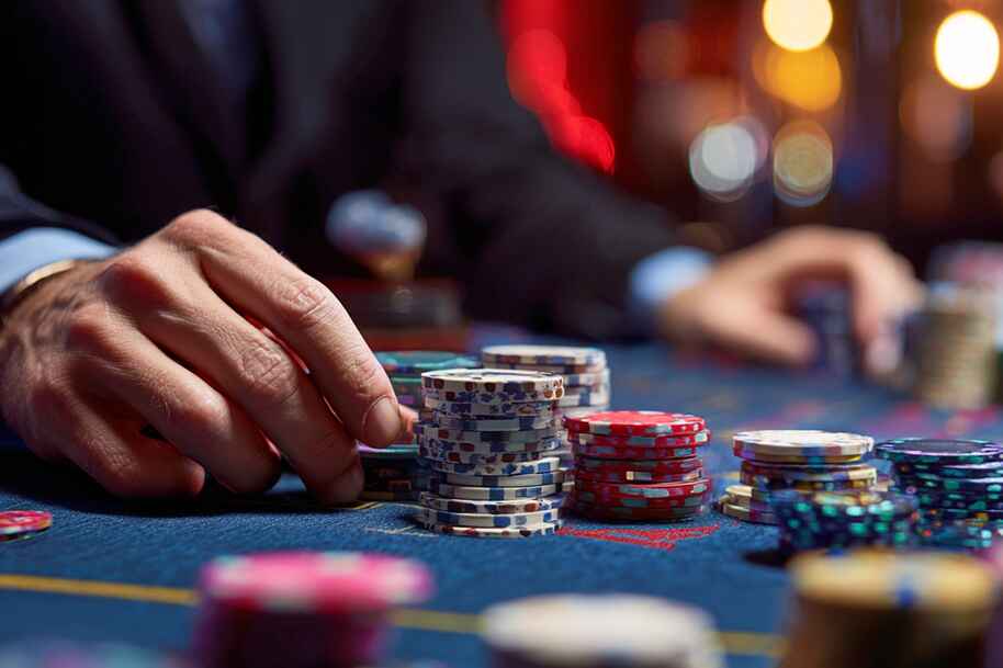 Close-up of poker chips on a casino table with a player’s hand during high-stakes online play.
