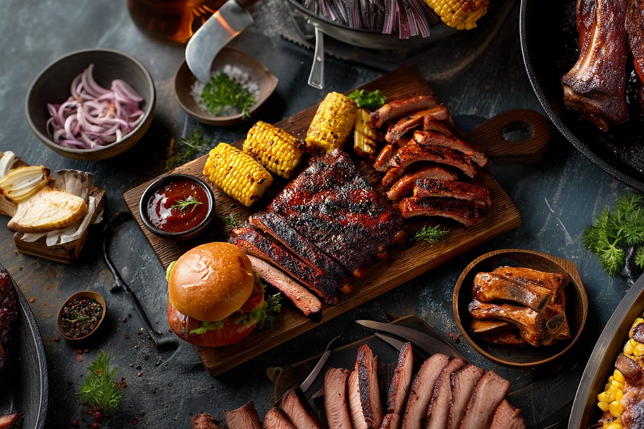 Smoked BBQ ribs, grilled corn, and burger served on rustic board – classic 4th of July recipes for backyard parties | EternalSlots.com blog
